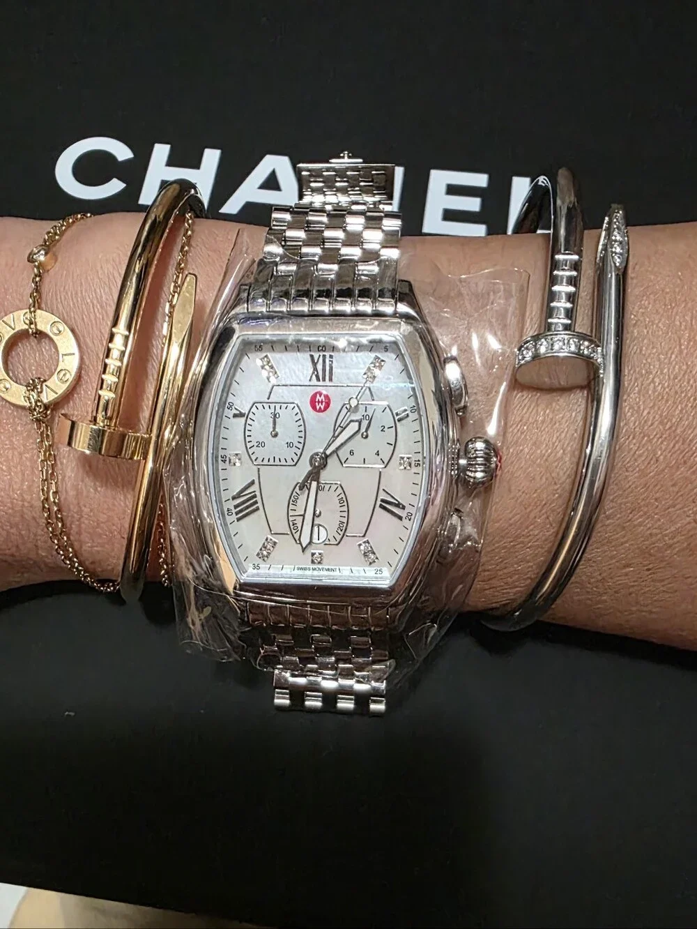 Michele Releve Silver Tone Mother Of Pearl With Diamonds Brand New
